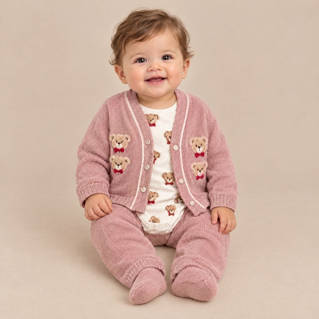 Kardigan sa medvedićima, bodi i donji deo za bebe – Roze
