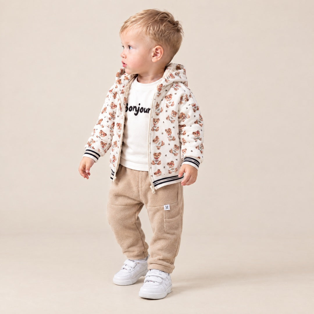 Jaknica sa printom medvedića, majica i pantalone za bebe – Bež