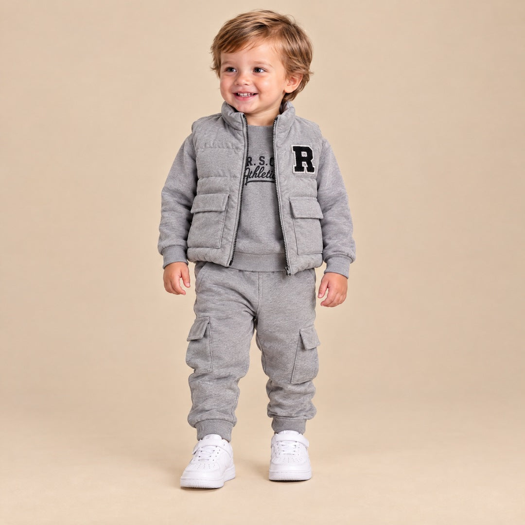 Pernati prsluk, duks i kargo pantalone za bebe – Siva