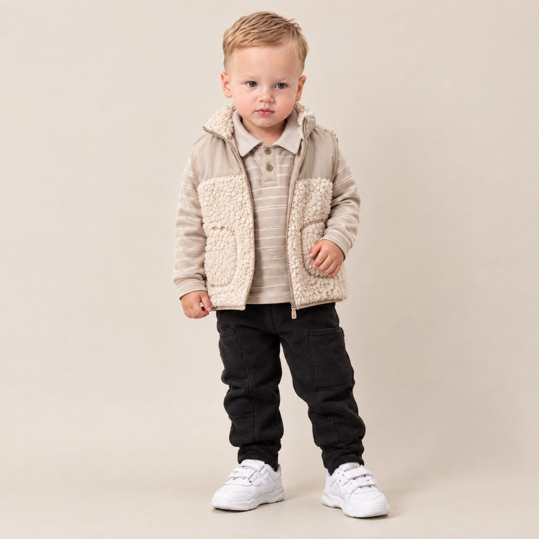 Plišani prsluk, polo majica i pantalone za bebe – Bež