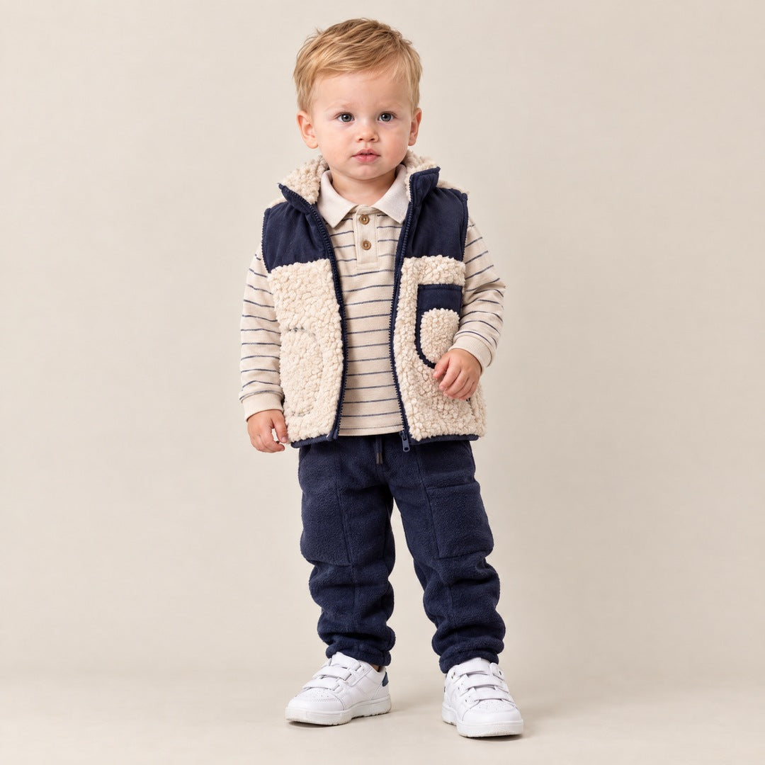 Plišani prsluk, polo majica i pantalone za bebe – Teget
