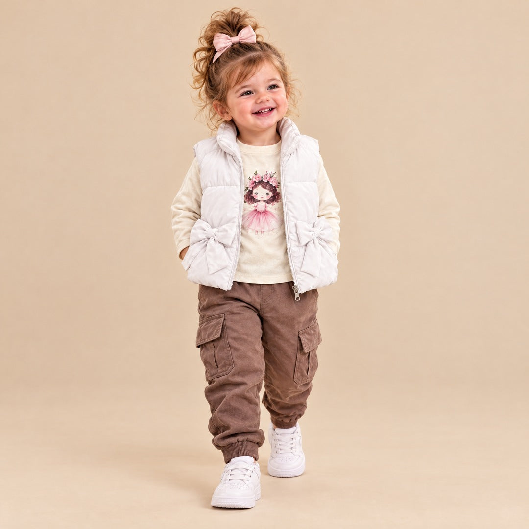 Pernati prsluk, majica i kargo pantalone za bebe – Bela