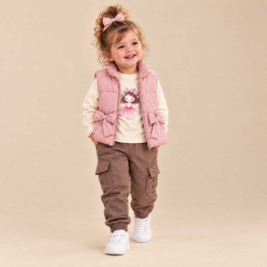 Pernati prsluk, majica i kargo pantalone za bebe – Roze