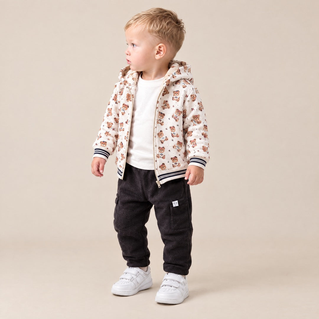 Jaknica sa printom medvedića, majica i pantalone za bebe – Crna