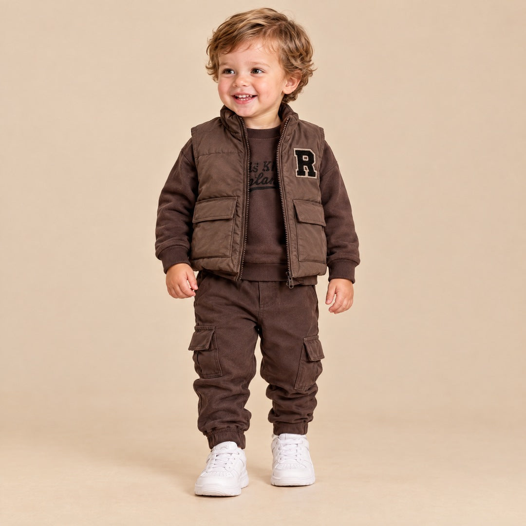 Pernati prsluk, duks i kargo pantalone za bebe – Braon