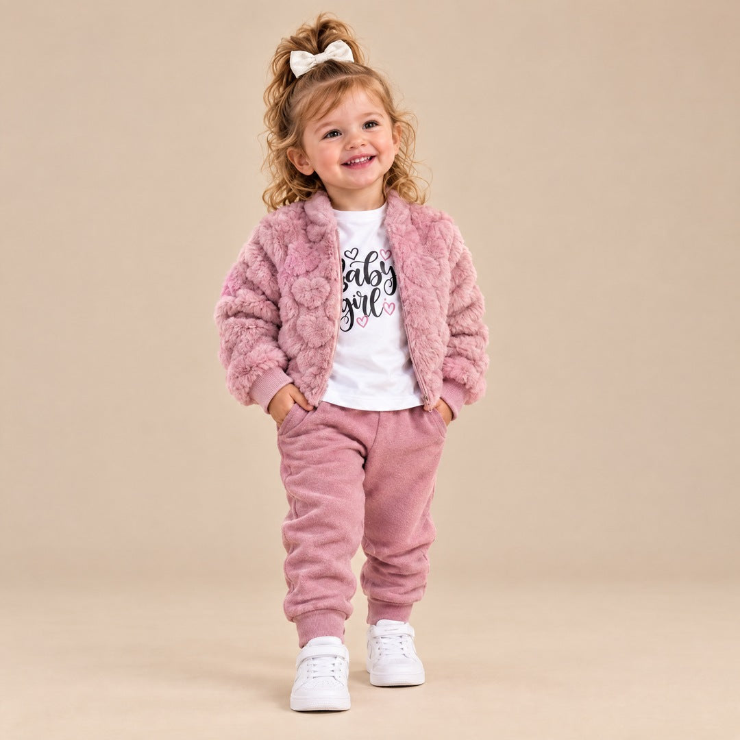 Krznena jaknica, majica i donji deo za bebe devojčice – Roze